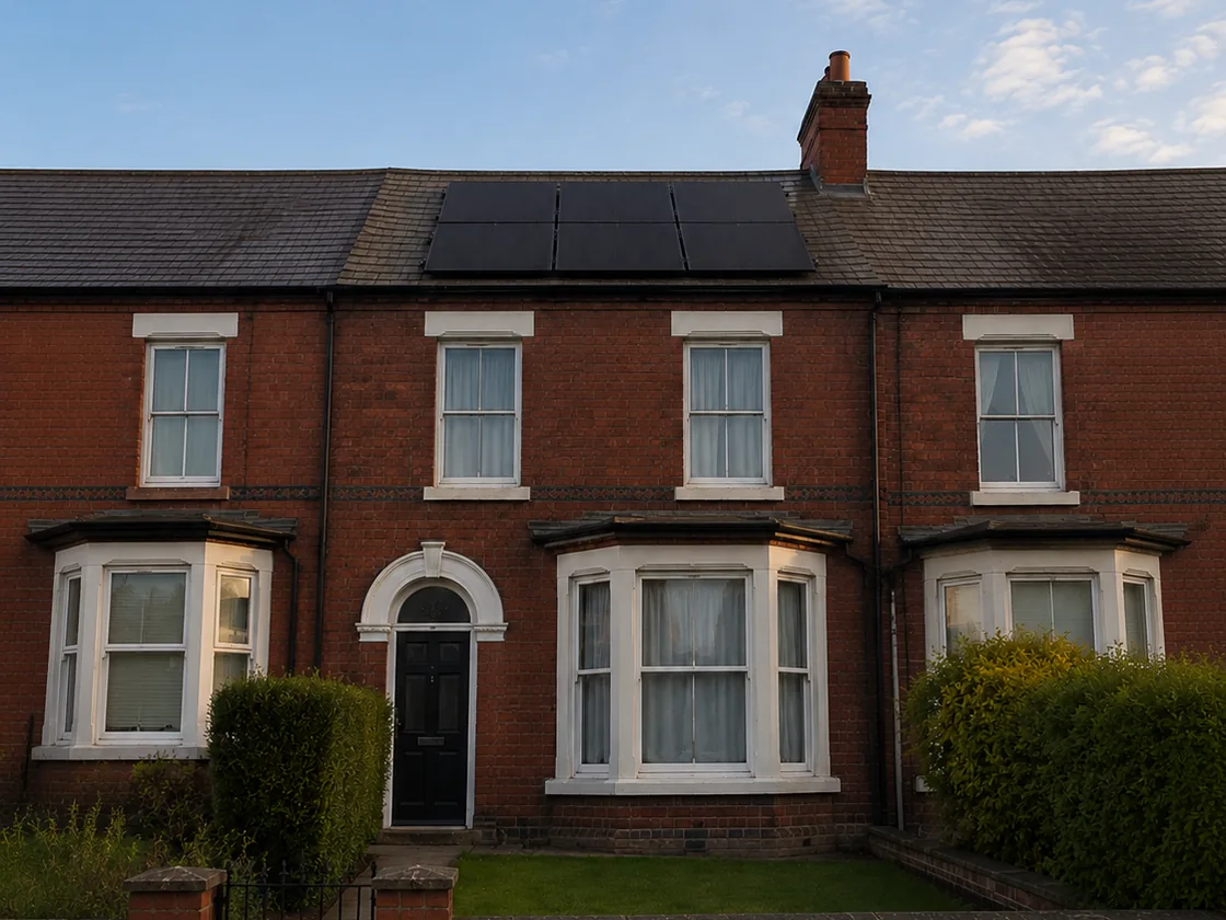 Solar panels on the roof of a red brick terraced house